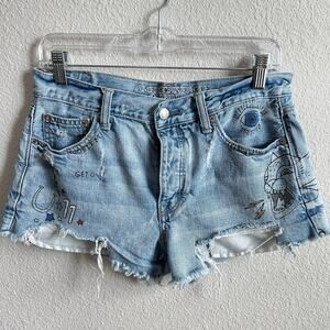 American Eagle Vintage Hi-Rise Graphic Denim Shorts Womens 8 Cut Off Rock & Roll